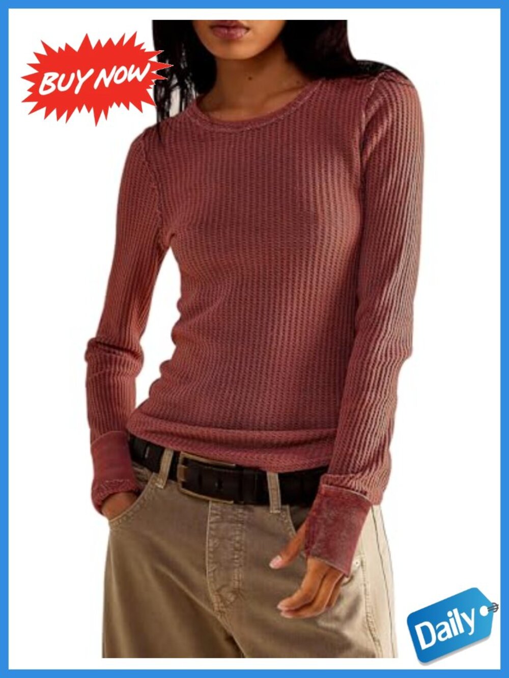 Women's Waffle Knit Long Sleeve Slim Fit Pullover Top Thumbhole